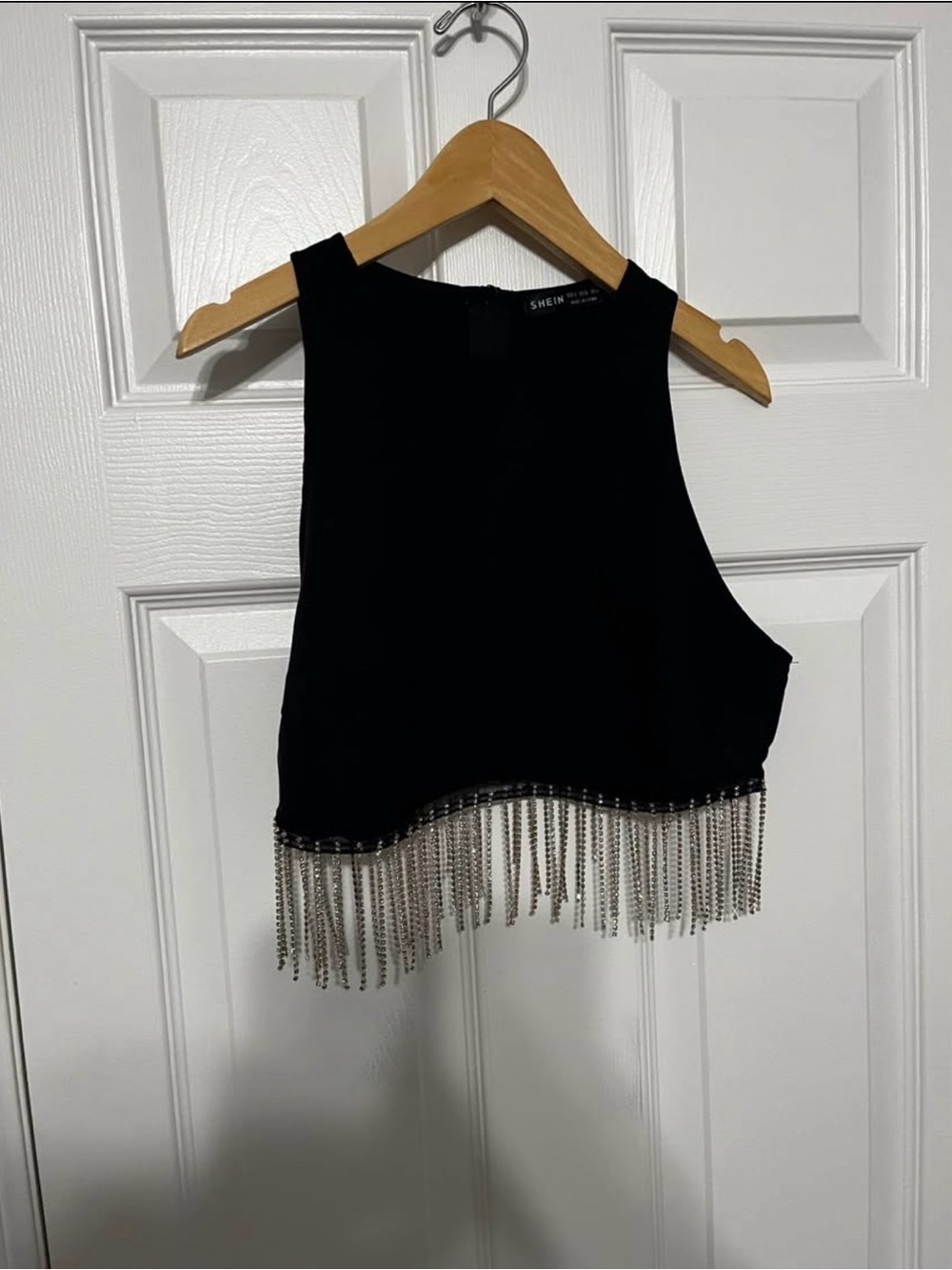 SHEIN Black Cropped Tank Top with Silver Chain Fringe